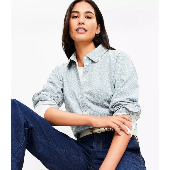 LOFT Floral Corduroy Tunic Button Up Shirt Blue Cream Size XXL - Picture 1 of 8